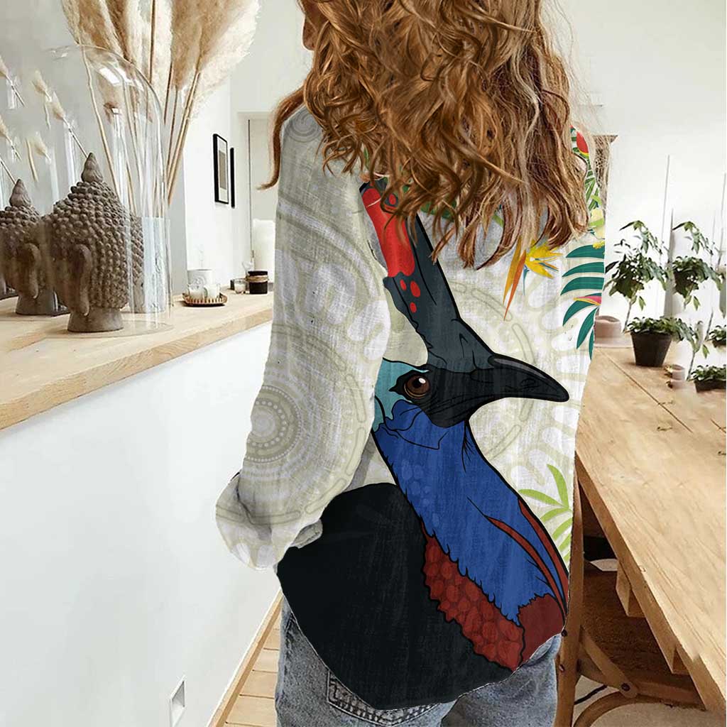 Cassowary Australia Women Casual Shirt Tropical Flowers Mix Aboriginal Art - Vibe Hoodie Shop