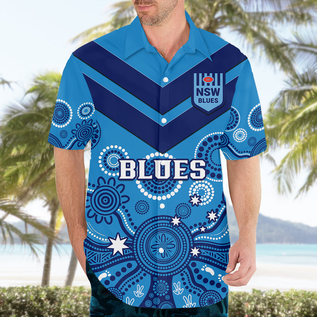 NSW Rugby Hawaiian Shirt Blues Aboriginal Art - Vibe Hoodie Shop