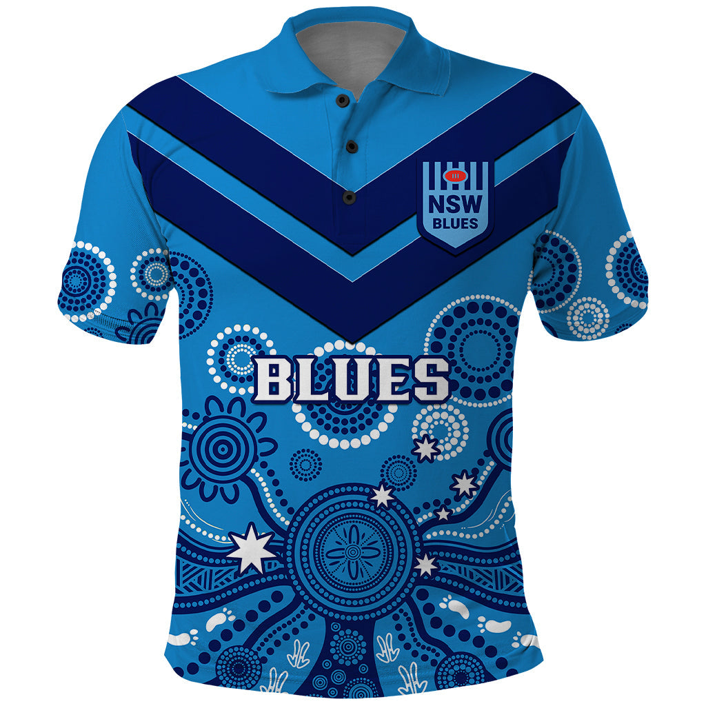 NSW Rugby Polo Shirt Blues Aboriginal Art - Vibe Hoodie Shop