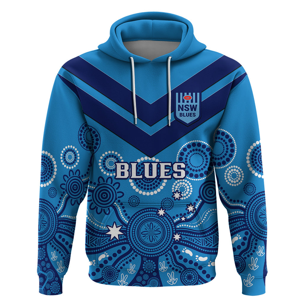 Personalised NSW Rugby Hoodie Blues Aboriginal Art - Vibe Hoodie Shop
