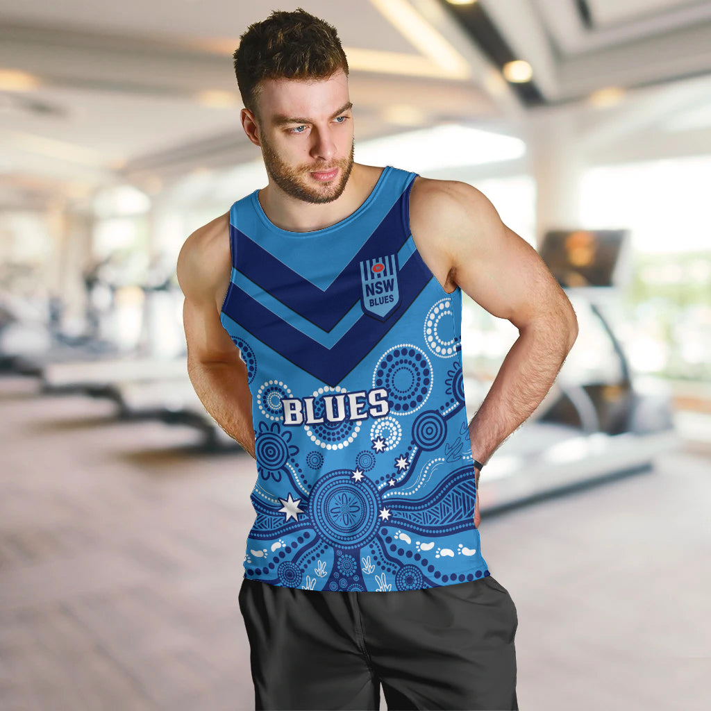 Personalised NSW Rugby Men Tank Top Blues Aboriginal Art - Vibe Hoodie Shop