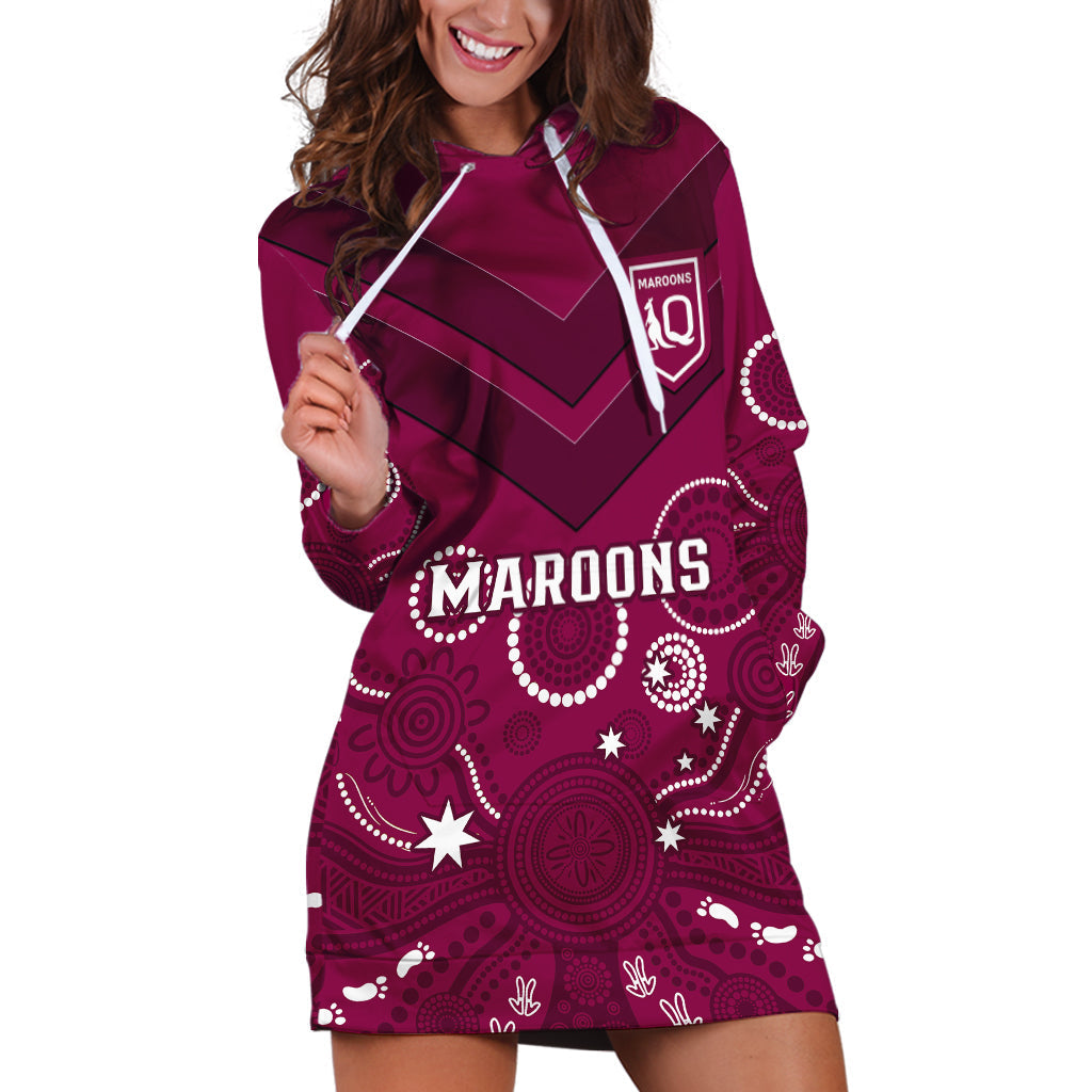 Personalised Maroons Rugby Hoodie Dress QLD Aboriginal Art - Vibe Hoodie Shop