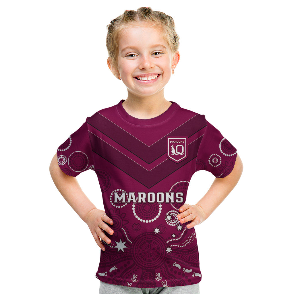 Personalised Maroons Rugby Kid T Shirt QLD Aboriginal Art - Vibe Hoodie Shop