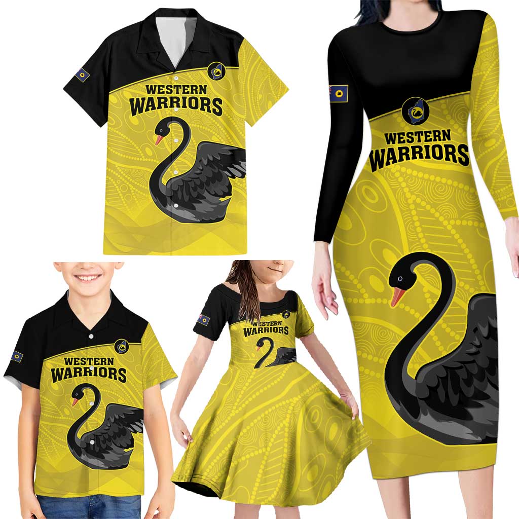 Custom Western Australia Cricket Family Matching Long Sleeve Bodycon Dress and Hawaiian Shirt Go Warriors Black Swans - Aboriginal Art