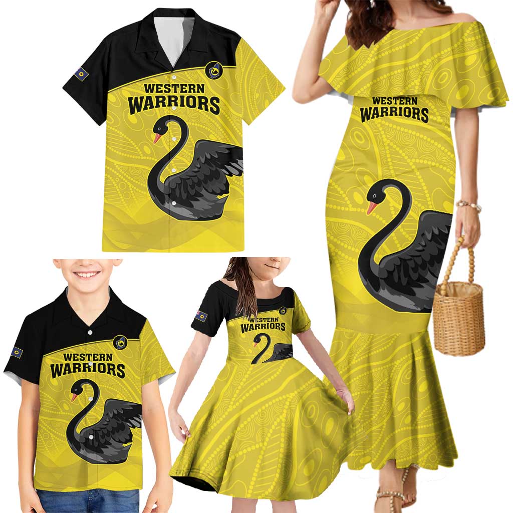 Custom Western Australia Cricket Family Matching Mermaid Dress and Hawaiian Shirt Go Warriors Black Swans - Aboriginal Art