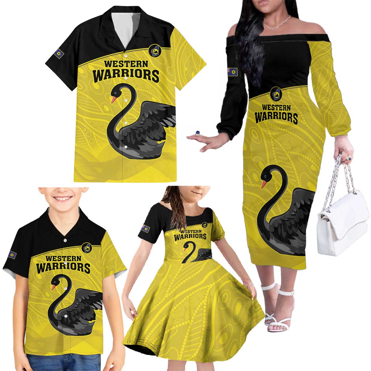 Custom Western Australia Cricket Family Matching Off The Shoulder Long Sleeve Dress and Hawaiian Shirt Go Warriors Black Swans - Aboriginal Art