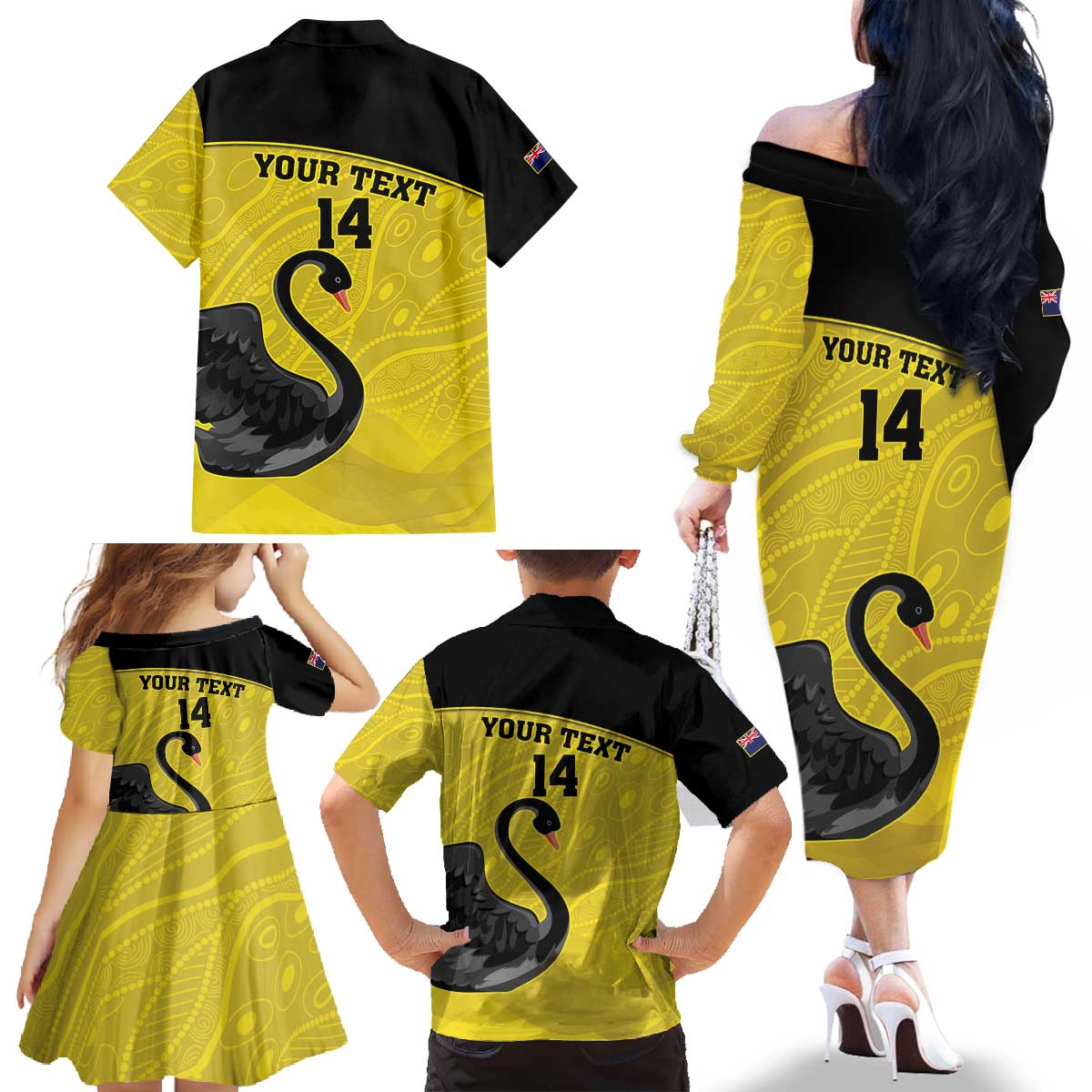 Custom Western Australia Cricket Family Matching Off The Shoulder Long Sleeve Dress and Hawaiian Shirt Go Warriors Black Swans - Aboriginal Art