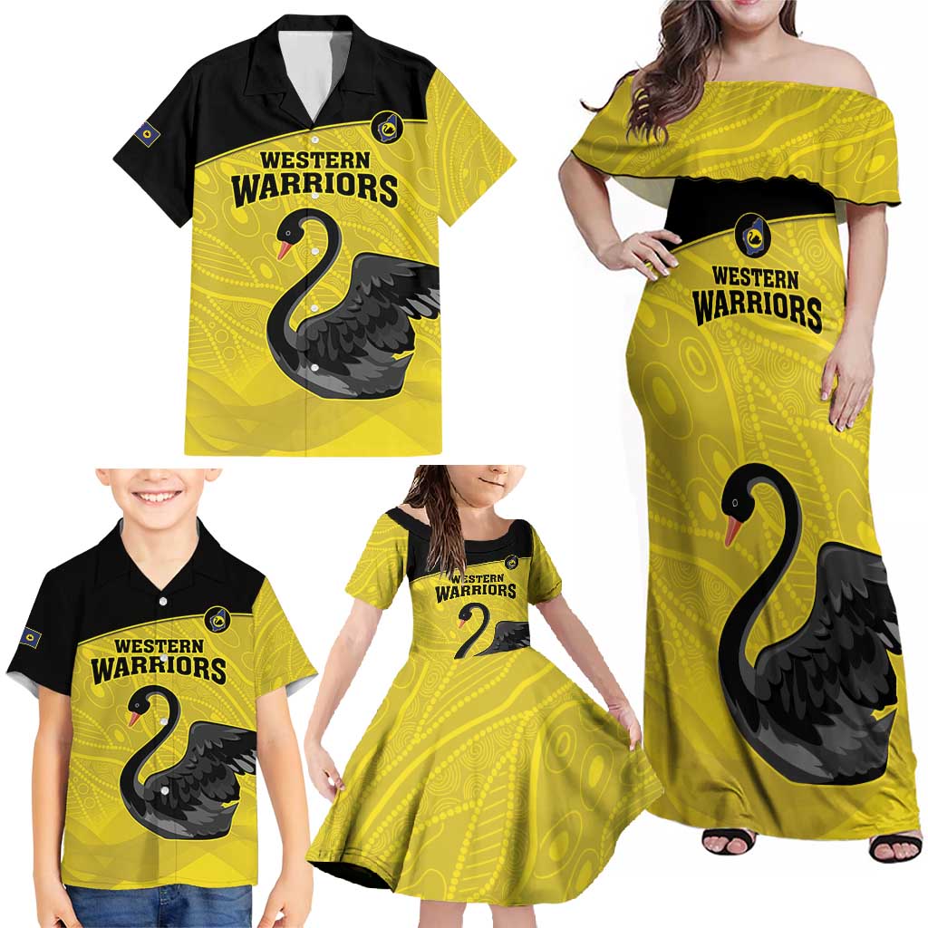 Custom Western Australia Cricket Family Matching Off Shoulder Maxi Dress and Hawaiian Shirt Go Warriors Black Swans - Aboriginal Art