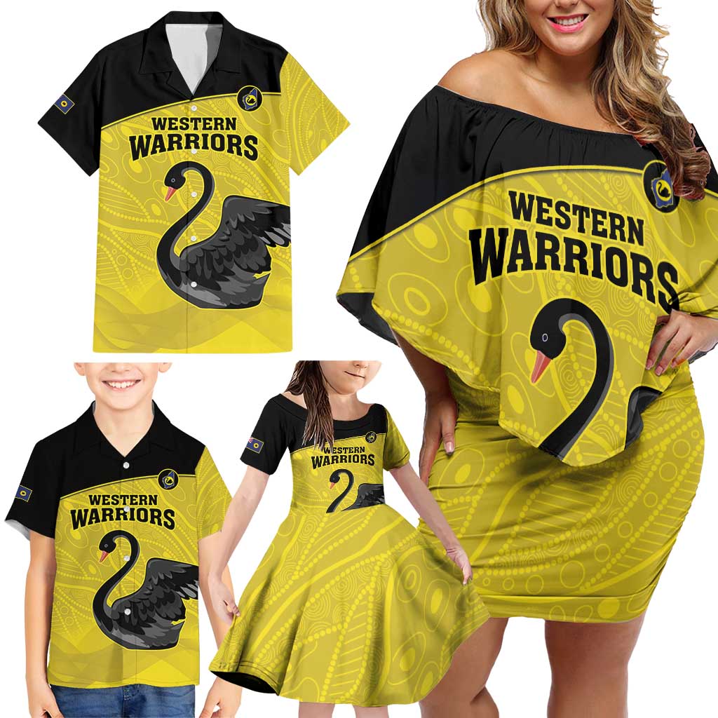 Custom Western Australia Cricket Family Matching Off Shoulder Short Dress and Hawaiian Shirt Go Warriors Black Swans - Aboriginal Art