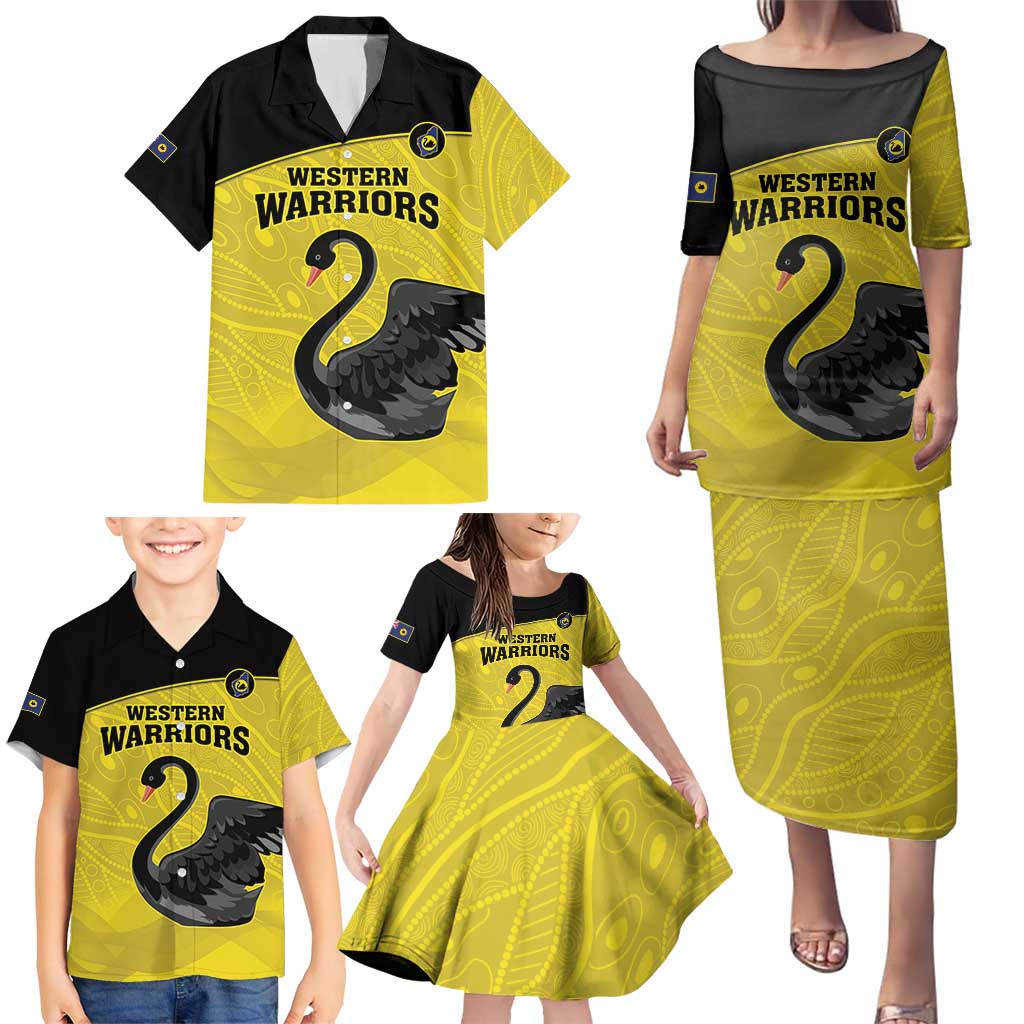 Custom Western Australia Cricket Family Matching Puletasi and Hawaiian Shirt Go Warriors Black Swans - Aboriginal Art