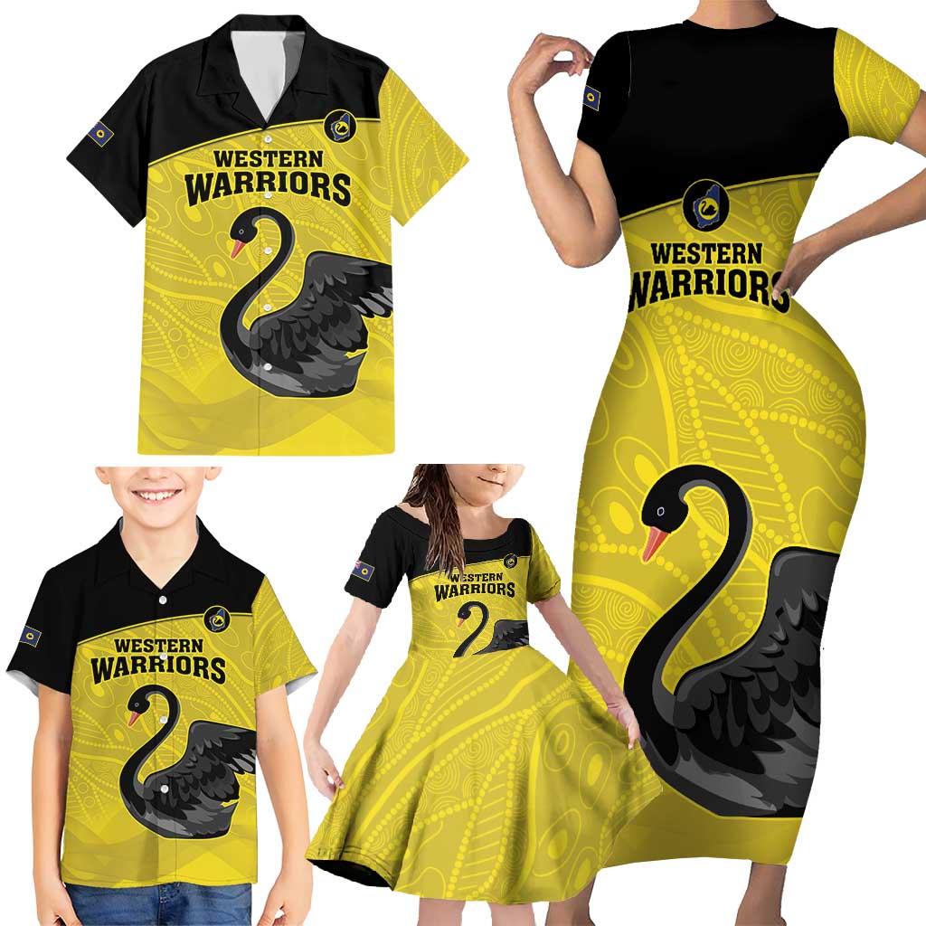 Custom Western Australia Cricket Family Matching Short Sleeve Bodycon Dress and Hawaiian Shirt Go Warriors Black Swans - Aboriginal Art