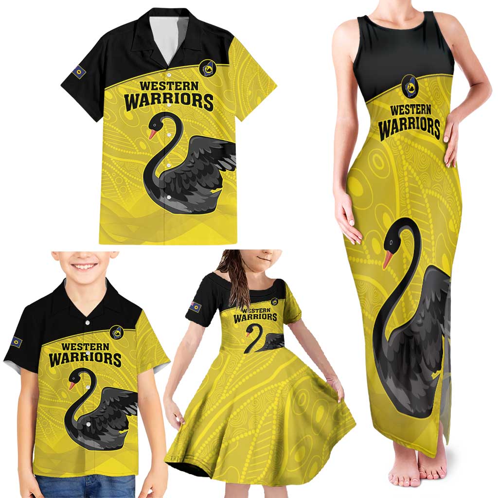 Custom Western Australia Cricket Family Matching Tank Maxi Dress and Hawaiian Shirt Go Warriors Black Swans - Aboriginal Art