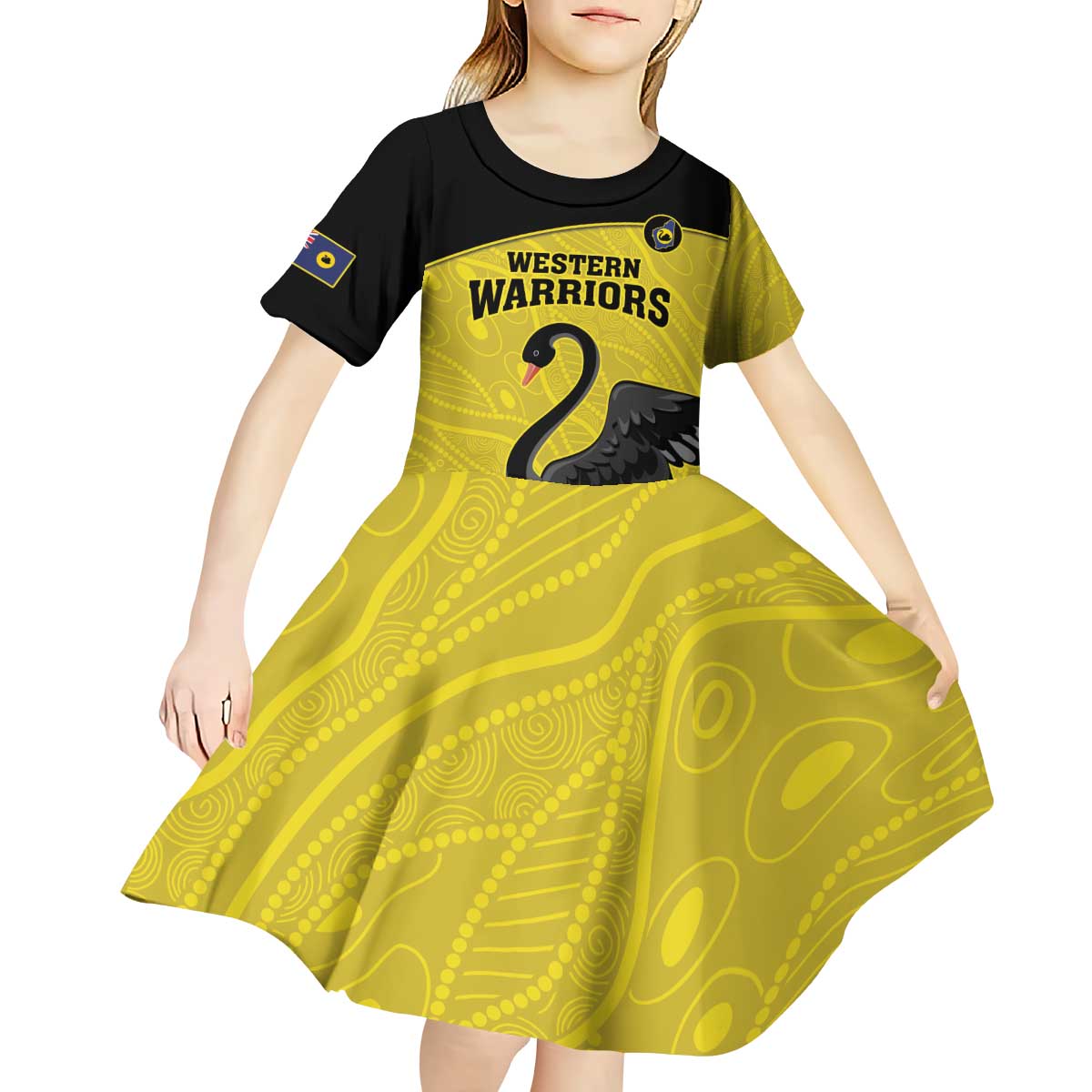 Custom Western Australia Cricket Kid Short Sleeve Dress Go Warriors Black Swans - Aboriginal Art - Vibe Hoodie Shop