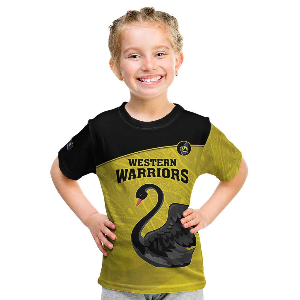 Custom Western Australia Cricket Kid T Shirt Go Warriors Black Swans - Aboriginal Art - Vibe Hoodie Shop