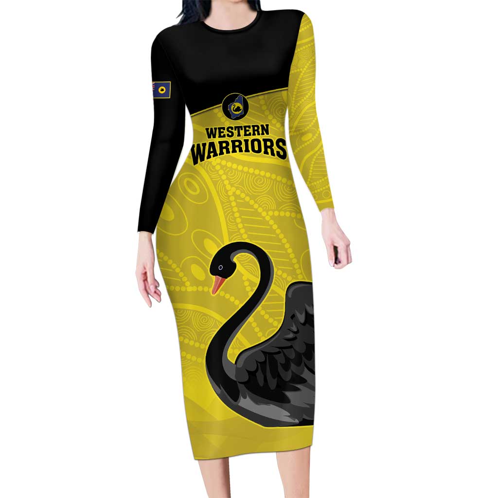 Custom Western Australia Cricket Long Sleeve Bodycon Dress Go Warriors Black Swans - Aboriginal Art