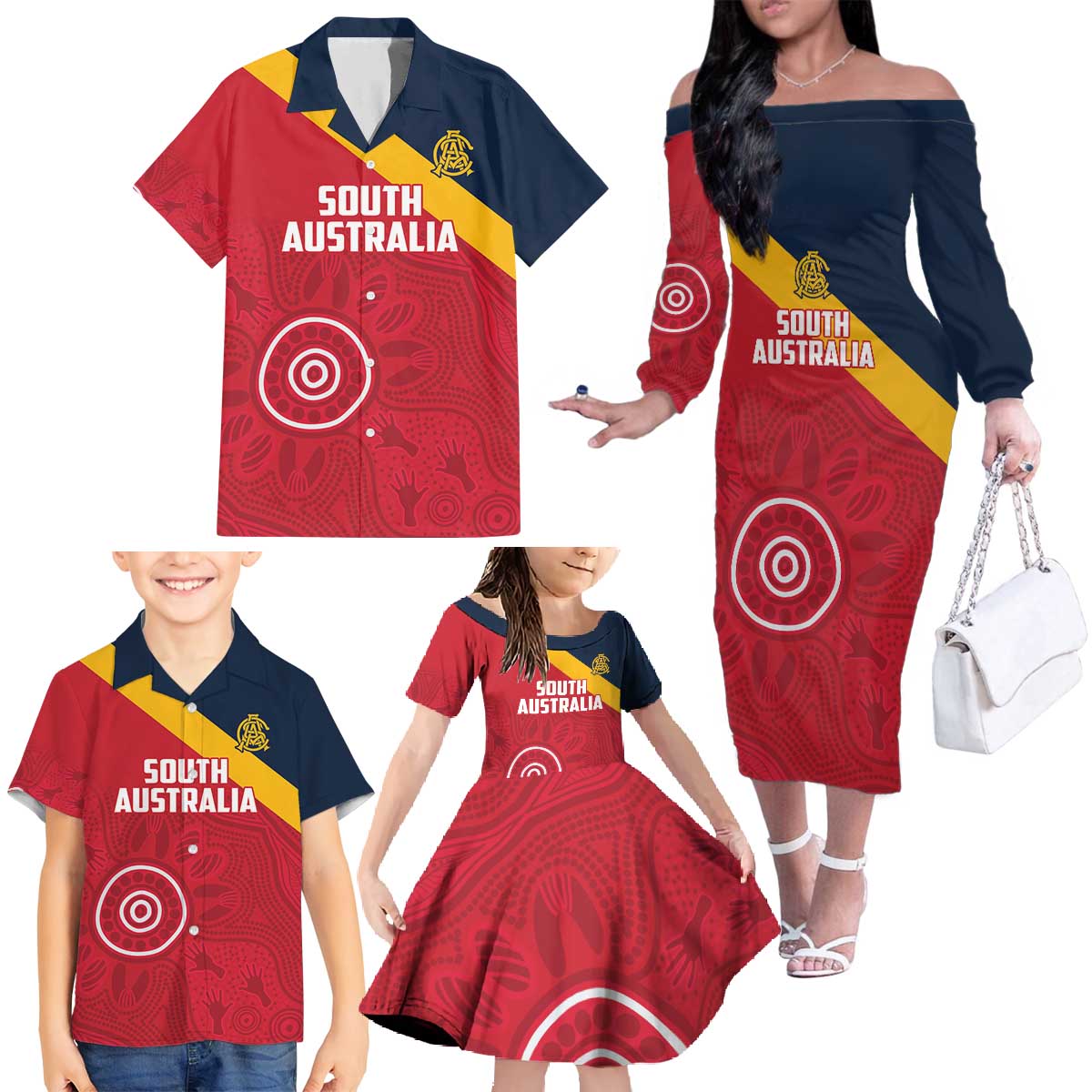 Custom South Australia Cricket Family Matching Off The Shoulder Long Sleeve Dress and Hawaiian Shirt Go Champions - Aboriginal Art