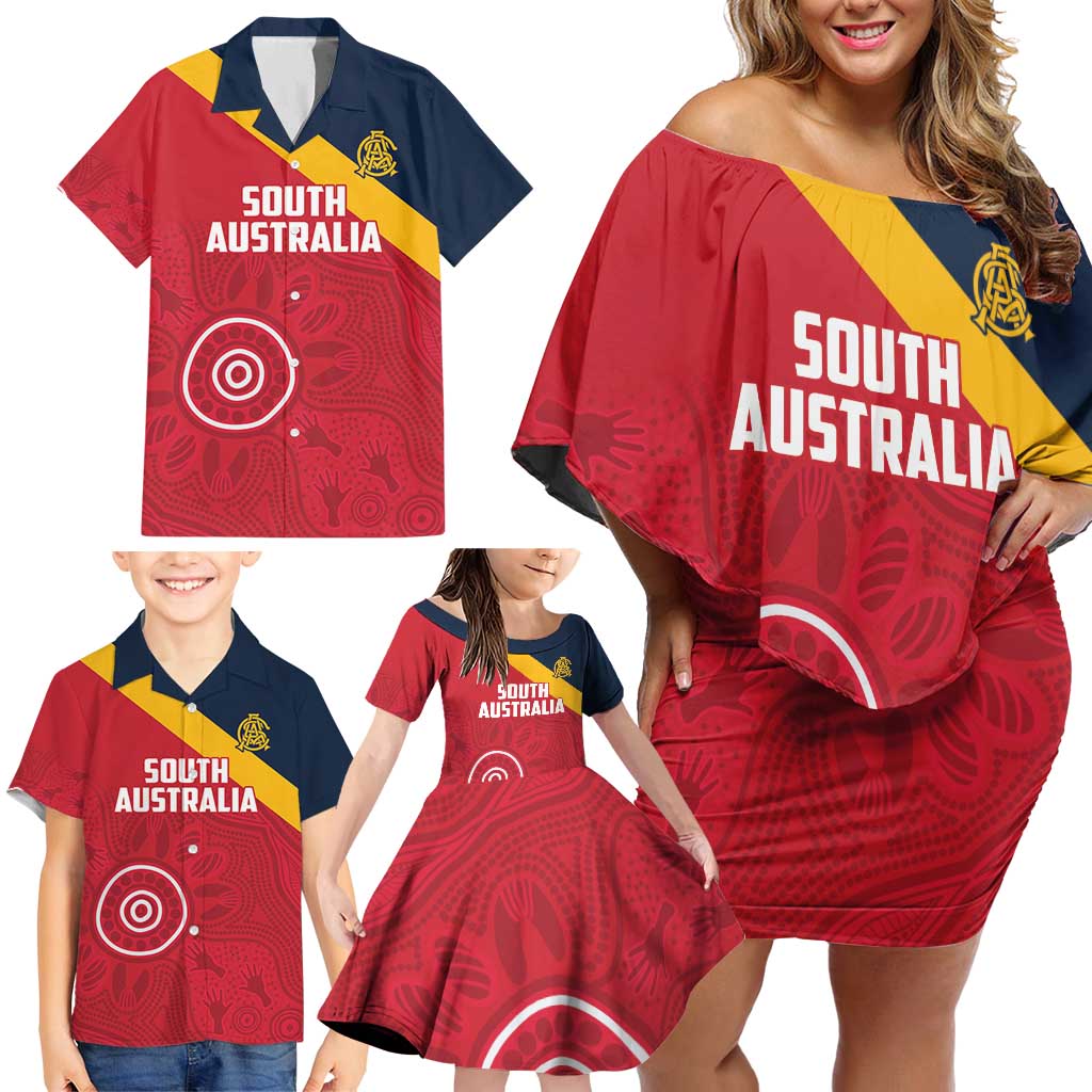 Custom South Australia Cricket Family Matching Off Shoulder Short Dress and Hawaiian Shirt Go Champions - Aboriginal Art