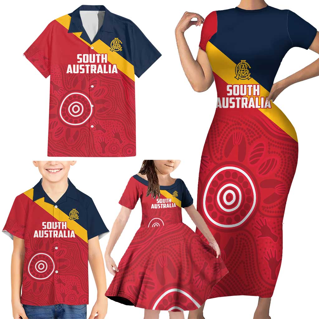 Custom South Australia Cricket Family Matching Short Sleeve Bodycon Dress and Hawaiian Shirt Go Champions - Aboriginal Art