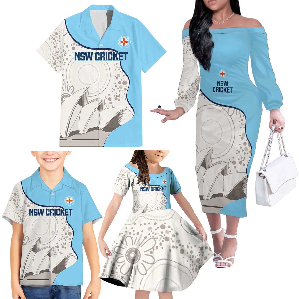 Custom New South Wales Cricket Family Matching Off The Shoulder Long Sleeve Dress and Hawaiian Shirt Go NSW - Aboriginal Art