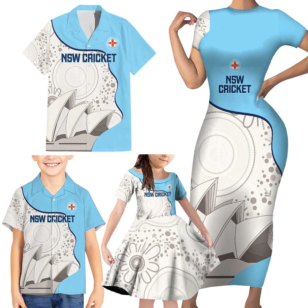 Custom New South Wales Cricket Family Matching Short Sleeve Bodycon Dress and Hawaiian Shirt Go NSW - Aboriginal Art