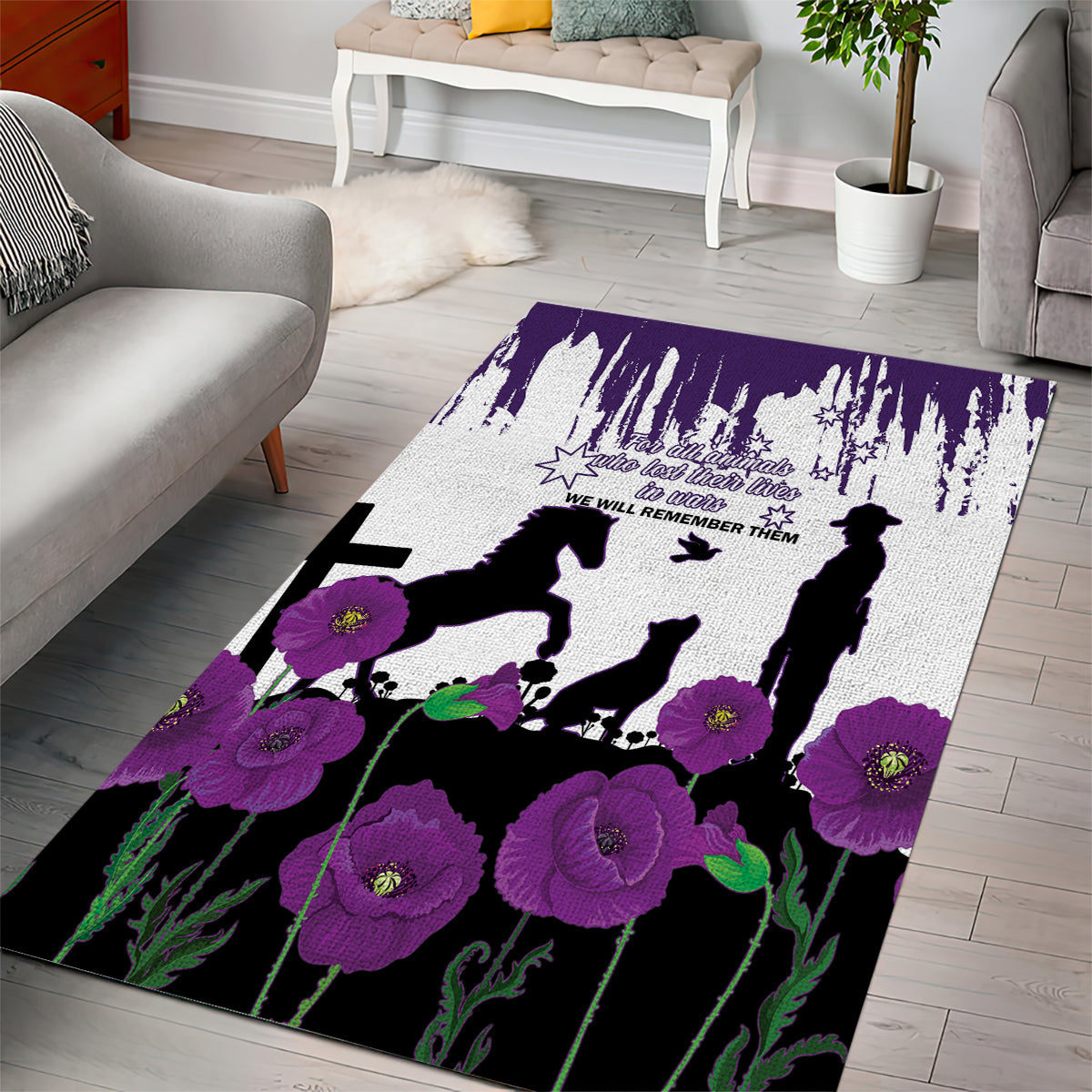 Australia Animal Heroes ANZAC Area Rug Purple Poppy We Will Remember Them - Vibe Hoodie Shop