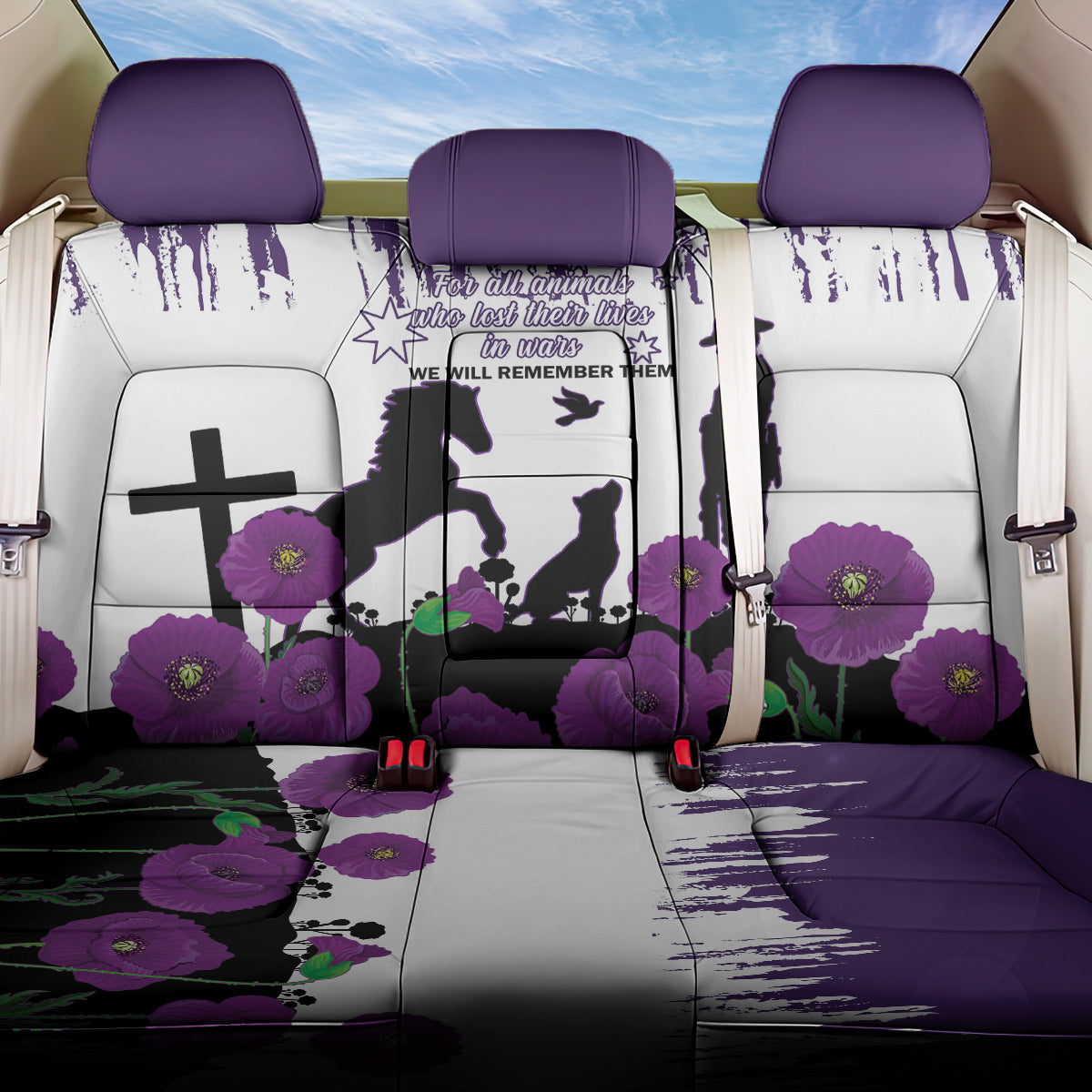 Australia Animal Heroes ANZAC Back Car Seat Cover Purple Poppy We Will Remember Them LT14