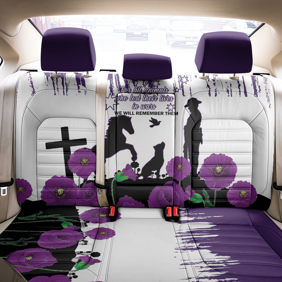 Australia Animal Heroes ANZAC Back Car Seat Cover Purple Poppy We Will Remember Them LT14