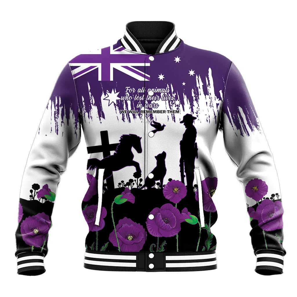 Australia Animal Heroes ANZAC Baseball Jacket Purple Poppy We Will Remember Them - Vibe Hoodie Shop