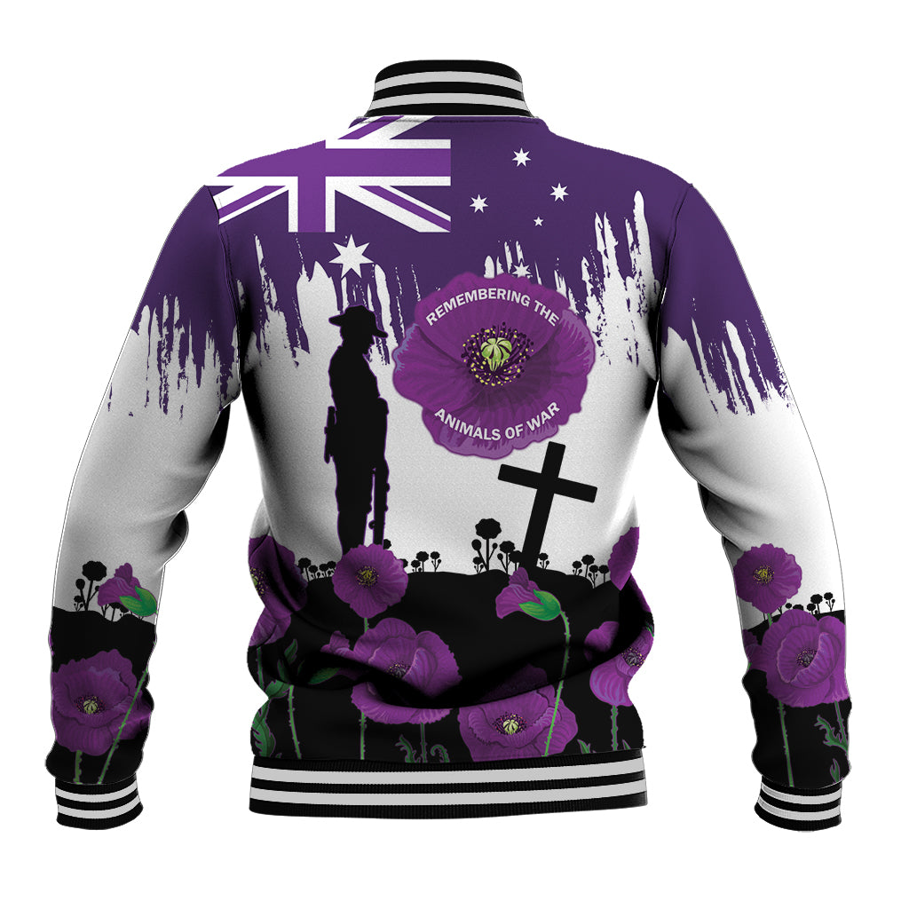 Australia Animal Heroes ANZAC Baseball Jacket Purple Poppy We Will Remember Them - Vibe Hoodie Shop
