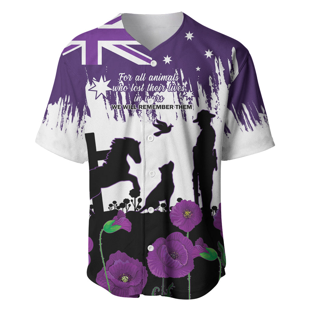 Australia Animal Heroes ANZAC Baseball Jersey Purple Poppy We Will Remember Them - Vibe Hoodie Shop