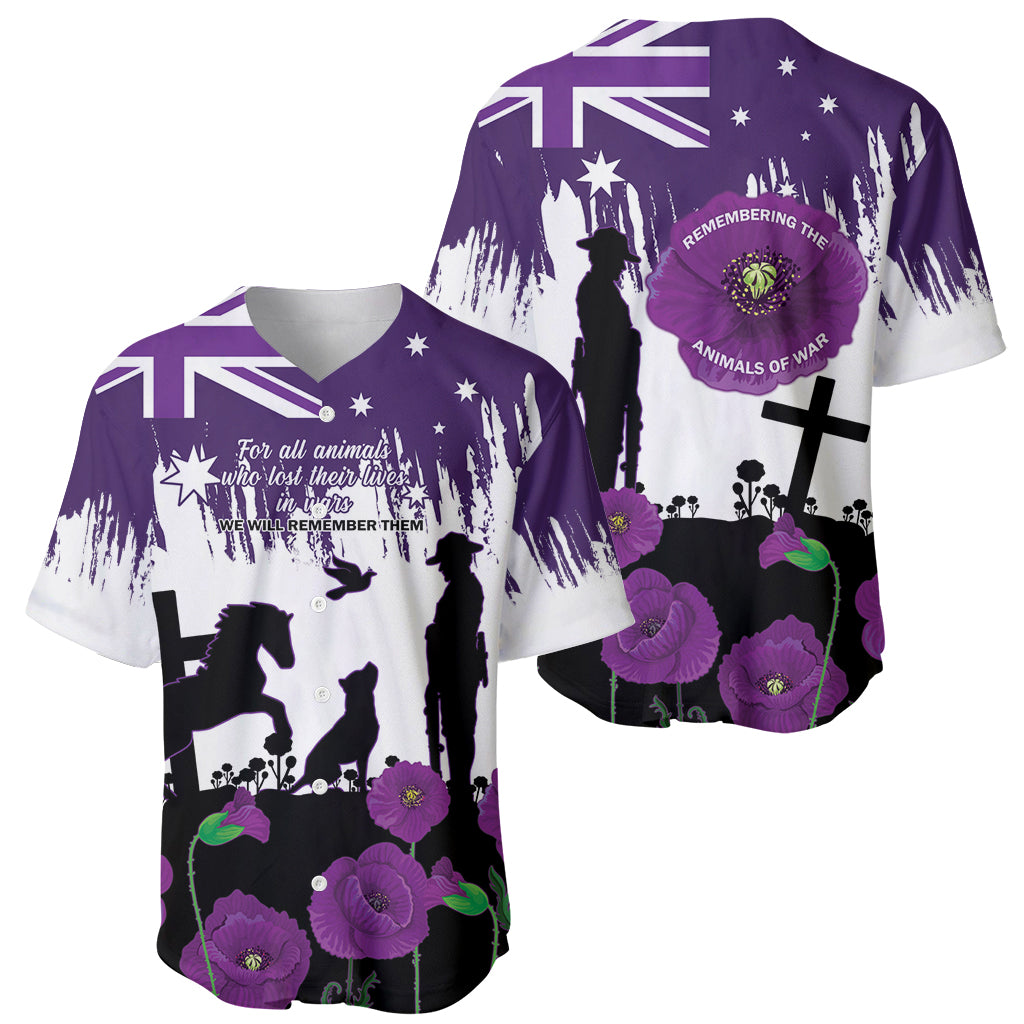 Australia Animal Heroes ANZAC Baseball Jersey Purple Poppy We Will Remember Them - Vibe Hoodie Shop