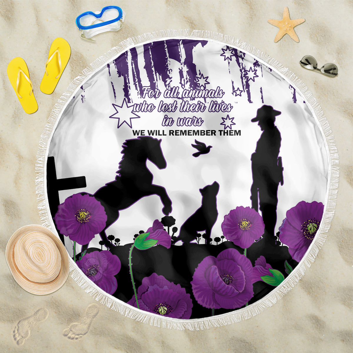 Australia Animal Heroes ANZAC Beach Blanket Purple Poppy We Will Remember Them