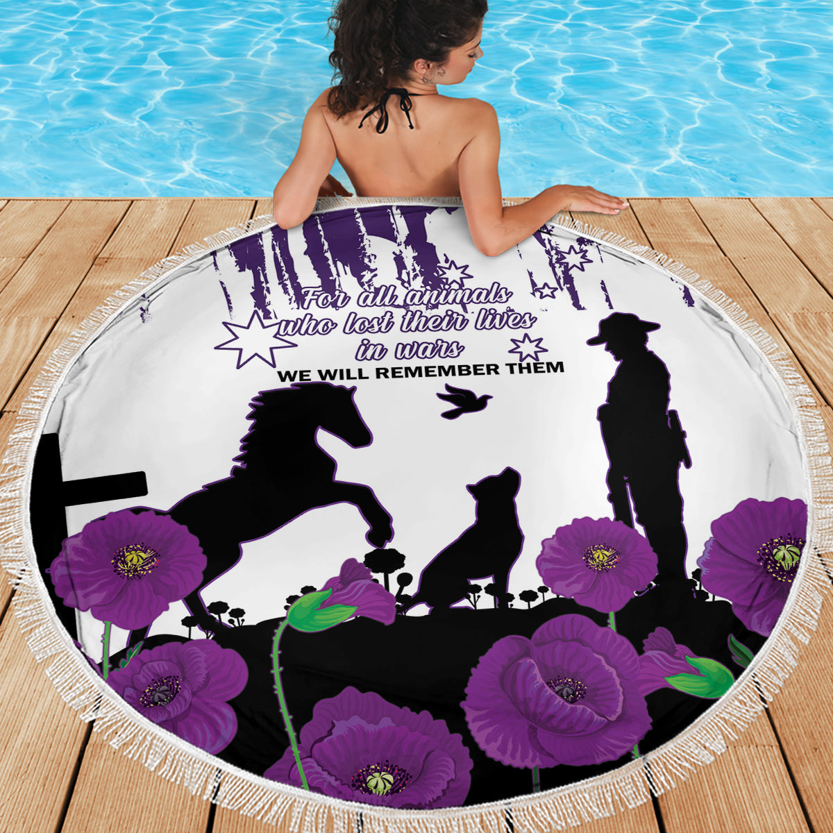 Australia Animal Heroes ANZAC Beach Blanket Purple Poppy We Will Remember Them