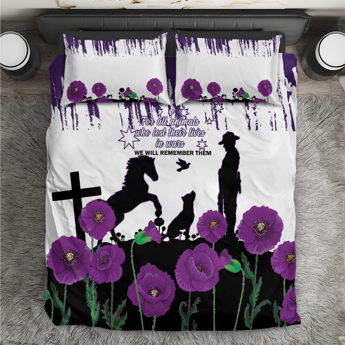 Australia Animal Heroes ANZAC Bedding Set Purple Poppy We Will Remember Them - Vibe Hoodie Shop