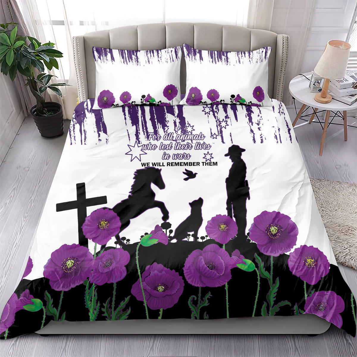 Australia Animal Heroes ANZAC Bedding Set Purple Poppy We Will Remember Them - Vibe Hoodie Shop
