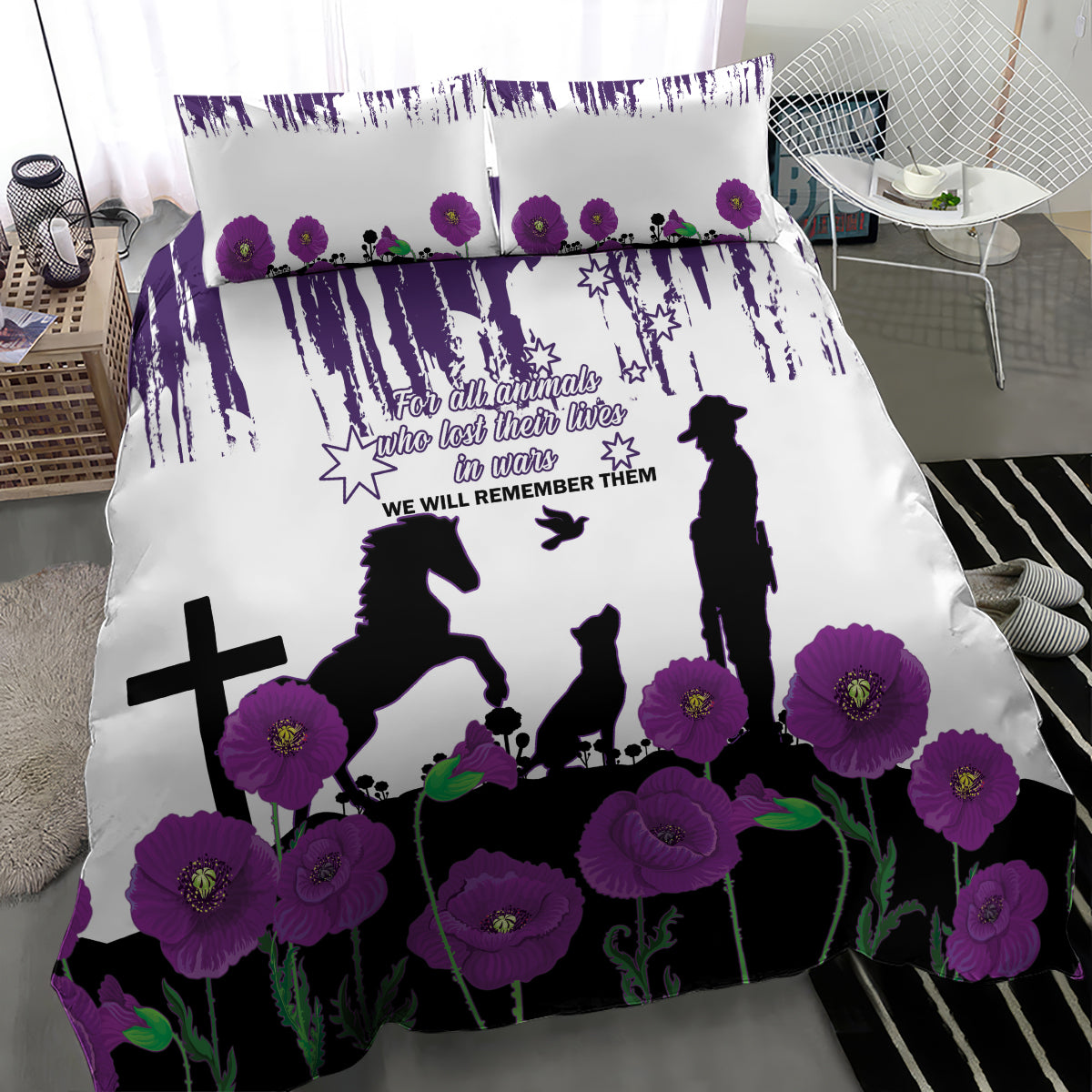 Australia Animal Heroes ANZAC Bedding Set Purple Poppy We Will Remember Them - Vibe Hoodie Shop