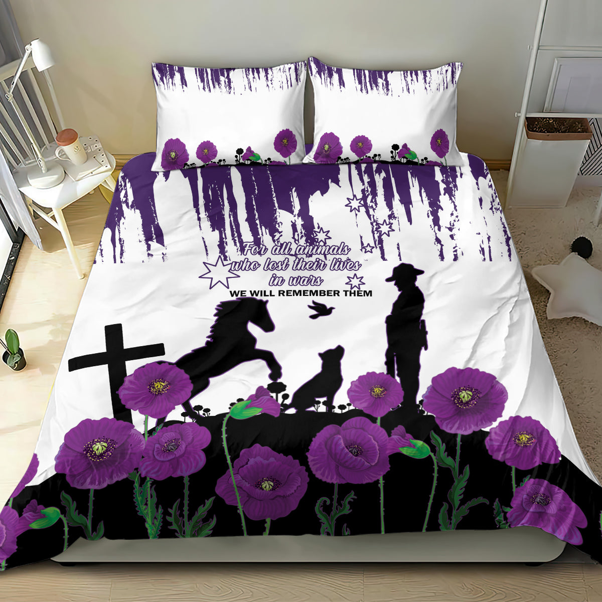 Australia Animal Heroes ANZAC Bedding Set Purple Poppy We Will Remember Them - Vibe Hoodie Shop