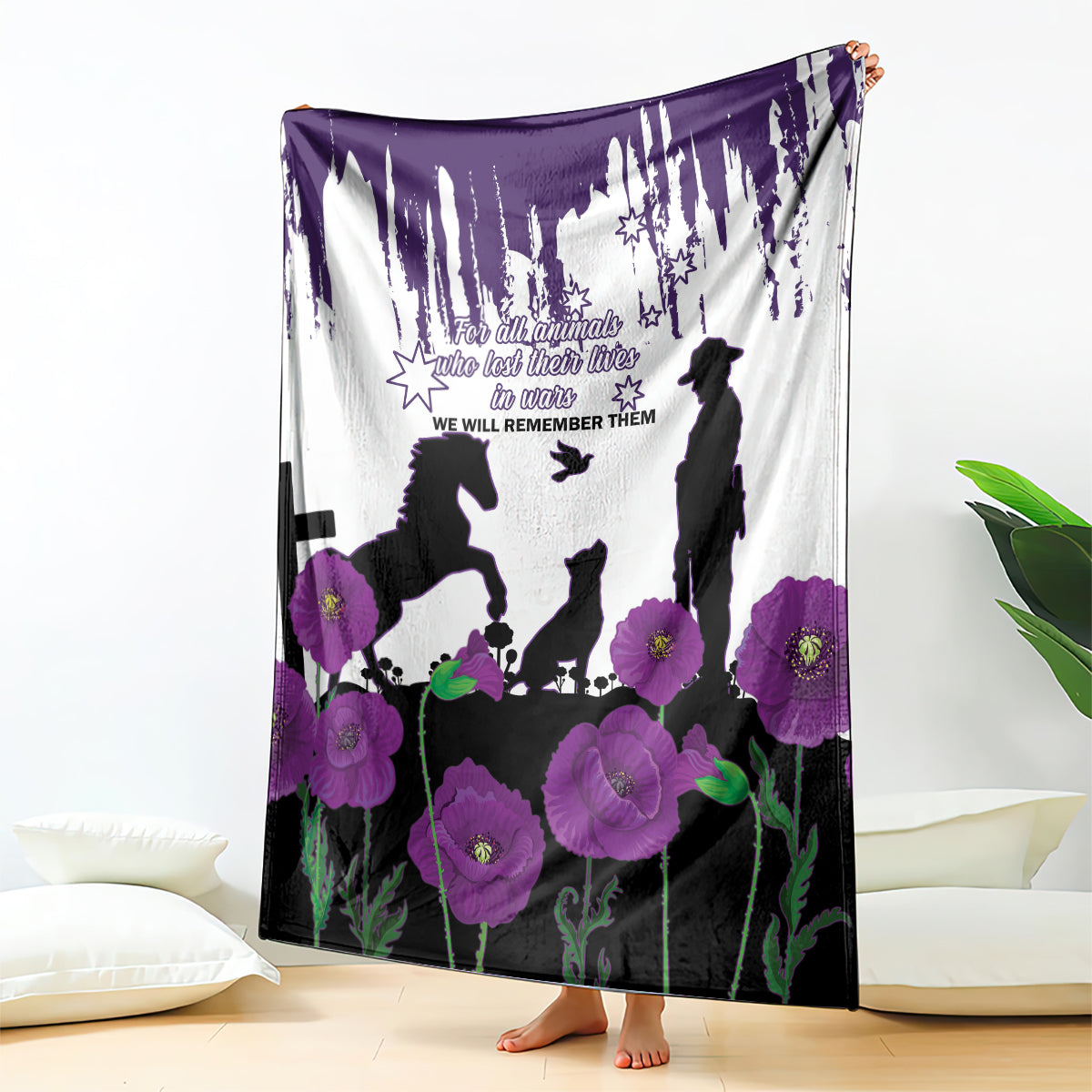 Australia Animal Heroes ANZAC Blanket Purple Poppy We Will Remember Them - Vibe Hoodie Shop