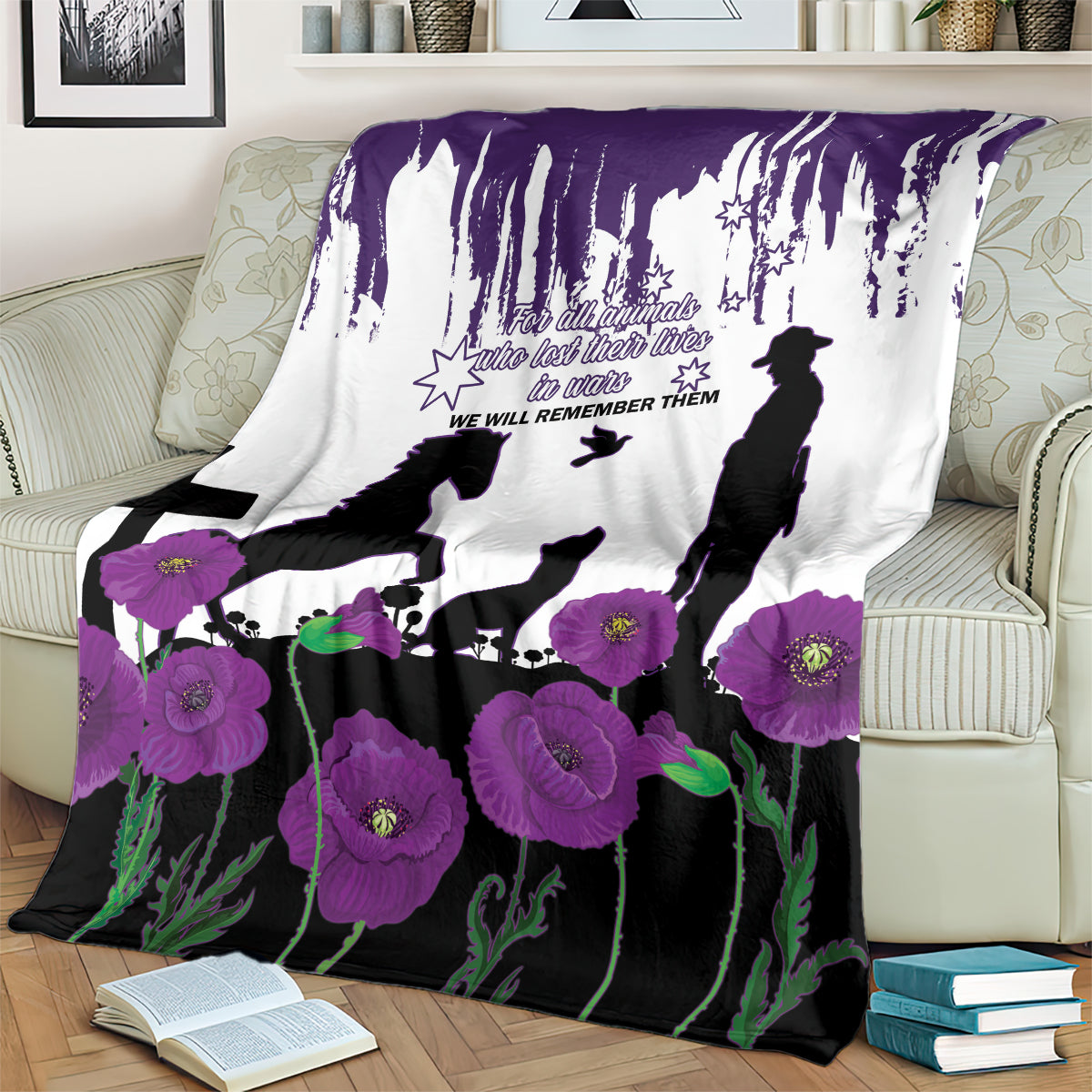 Australia Animal Heroes ANZAC Blanket Purple Poppy We Will Remember Them - Vibe Hoodie Shop