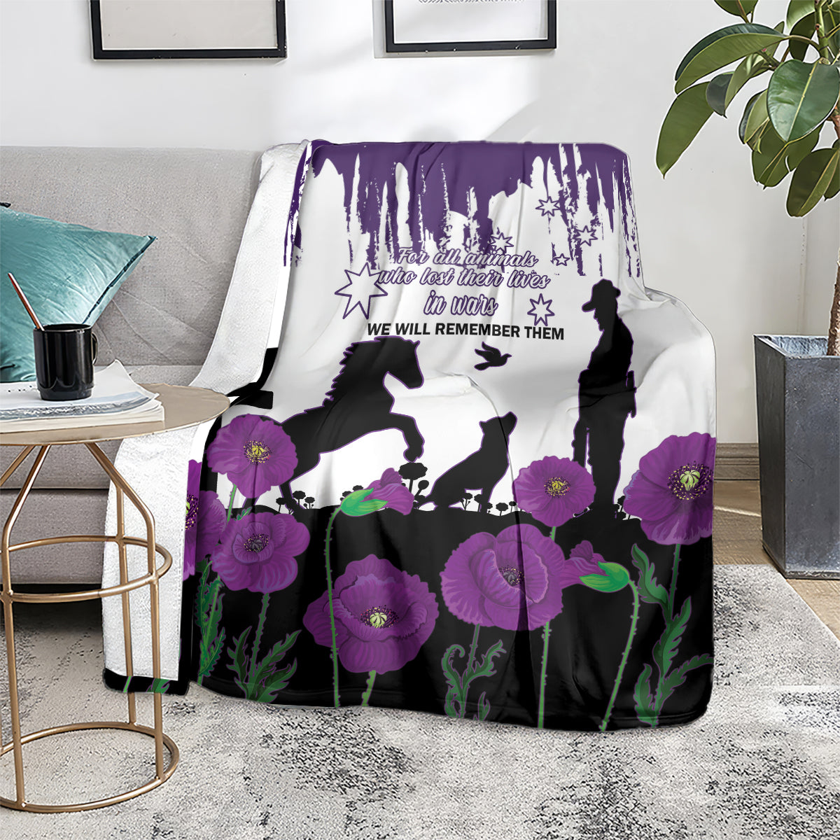 Australia Animal Heroes ANZAC Blanket Purple Poppy We Will Remember Them - Vibe Hoodie Shop