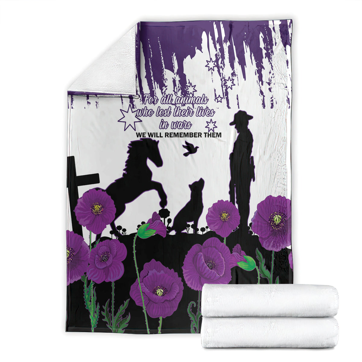 Australia Animal Heroes ANZAC Blanket Purple Poppy We Will Remember Them - Vibe Hoodie Shop