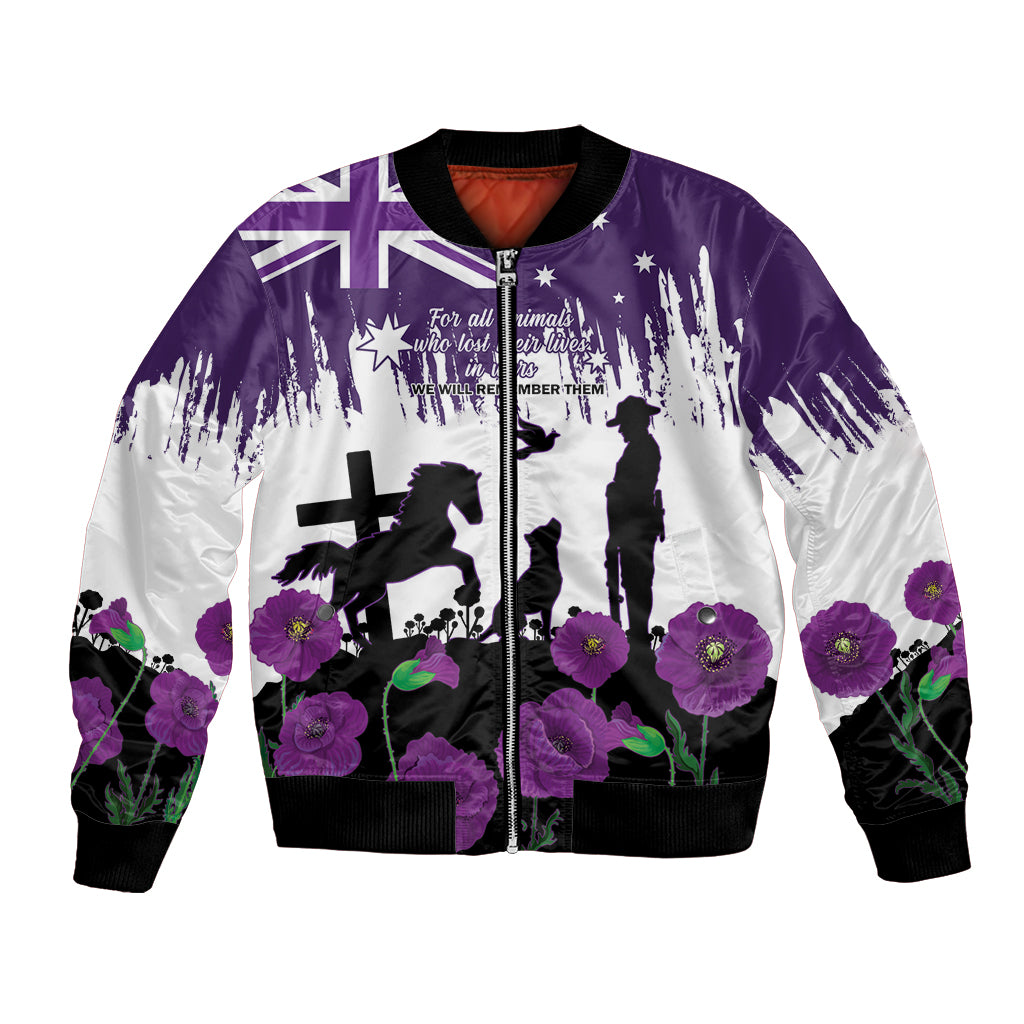 Australia Animal Heroes ANZAC Bomber Jacket Purple Poppy We Will Remember Them - Vibe Hoodie Shop