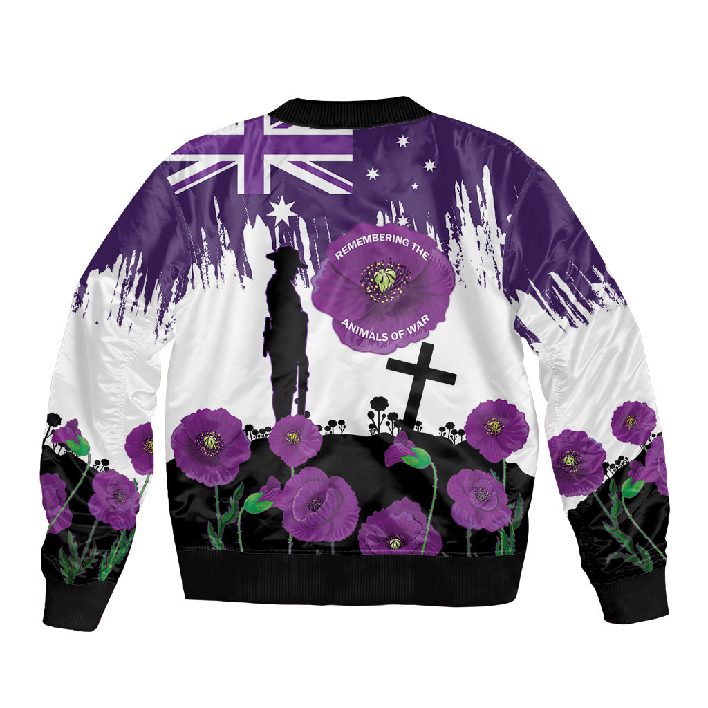 Australia Animal Heroes ANZAC Bomber Jacket Purple Poppy We Will Remember Them - Vibe Hoodie Shop