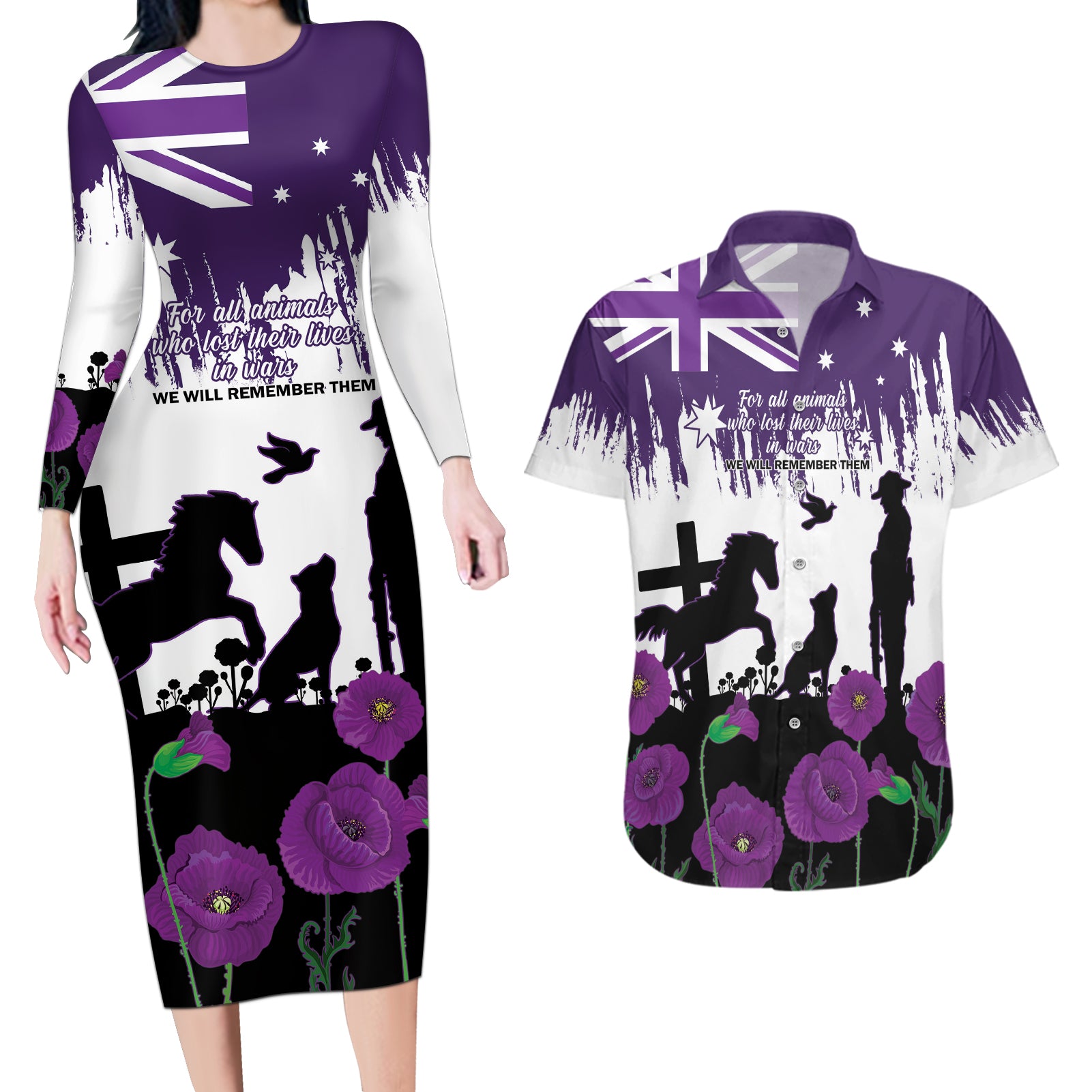 Australia Animal Heroes ANZAC Couples Matching Long Sleeve Bodycon Dress and Hawaiian Shirt Purple Poppy We Will Remember Them