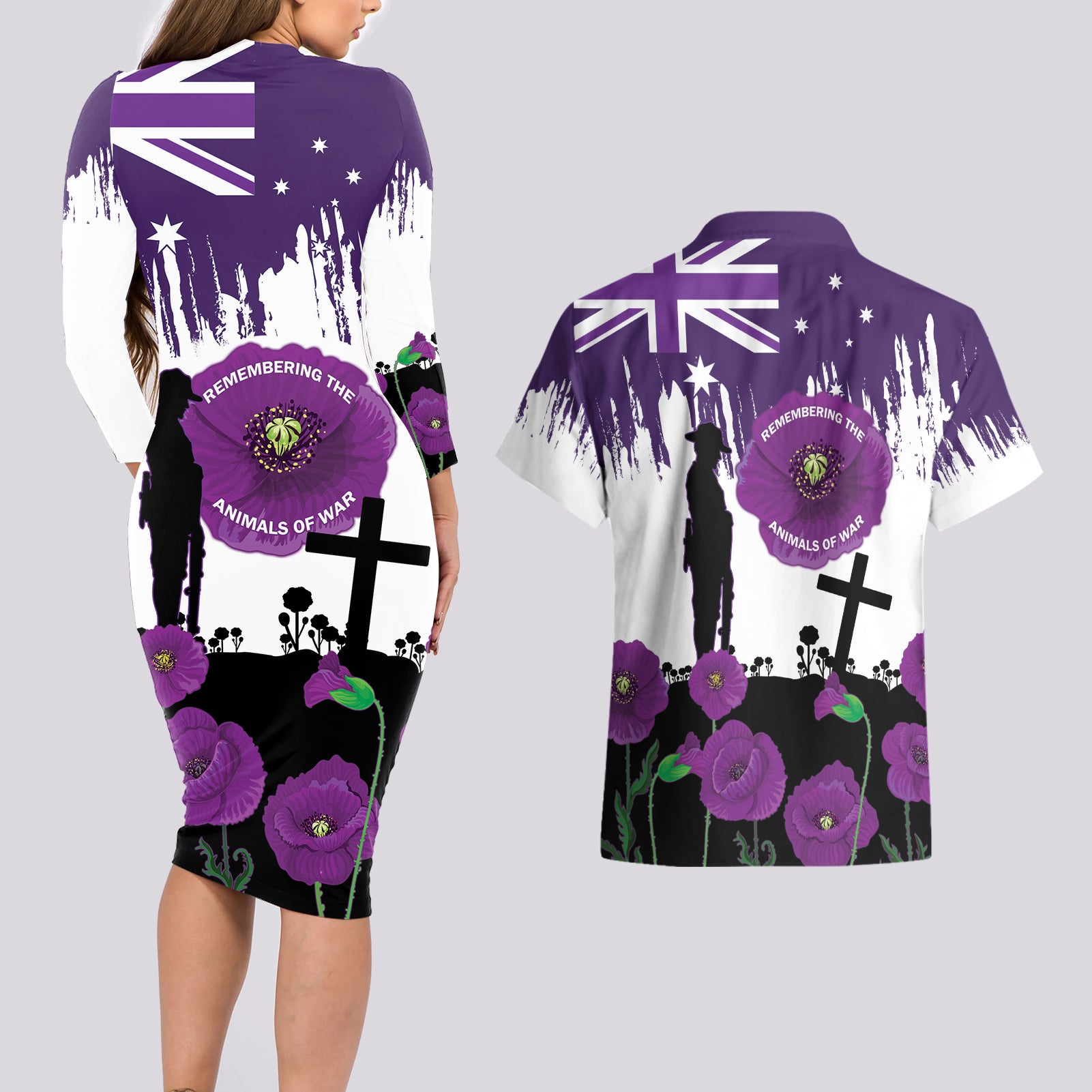 Australia Animal Heroes ANZAC Couples Matching Long Sleeve Bodycon Dress and Hawaiian Shirt Purple Poppy We Will Remember Them