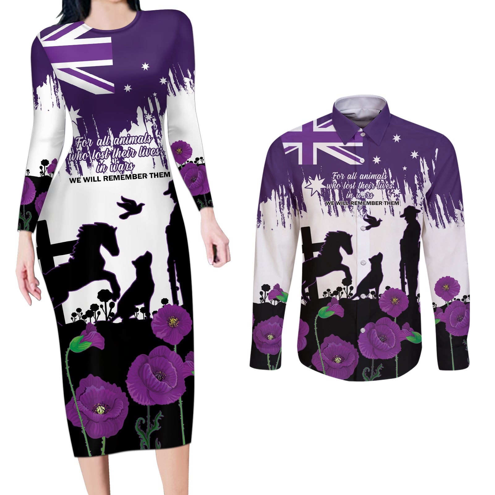 Australia Animal Heroes ANZAC Couples Matching Long Sleeve Bodycon Dress and Long Sleeve Button Shirt Purple Poppy We Will Remember Them