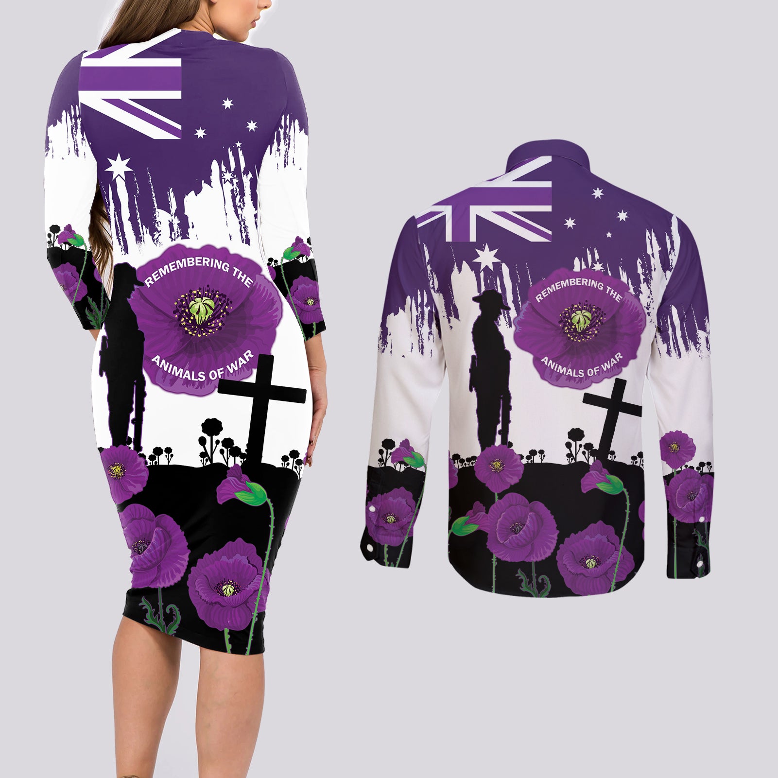Australia Animal Heroes ANZAC Couples Matching Long Sleeve Bodycon Dress and Long Sleeve Button Shirt Purple Poppy We Will Remember Them