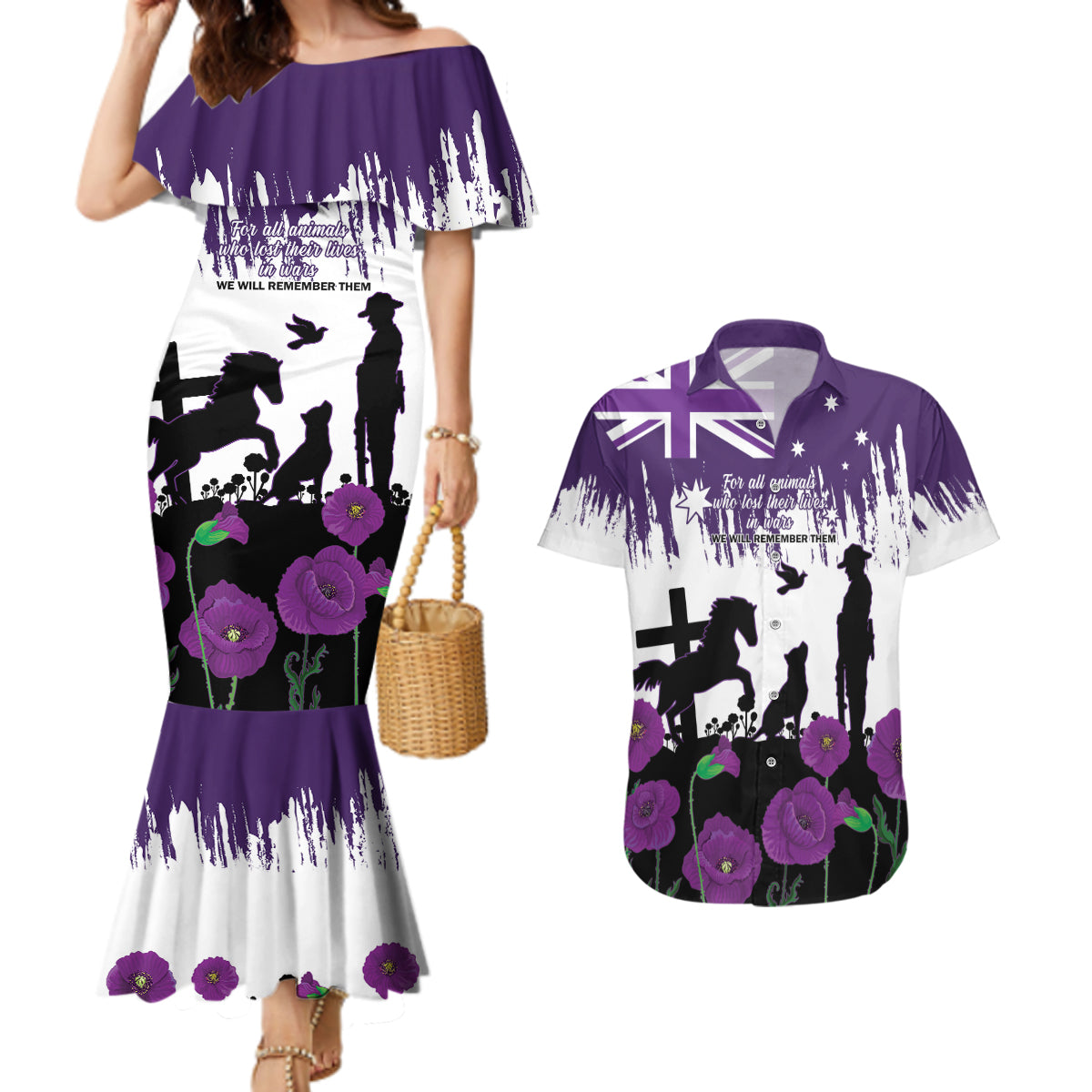 Australia Animal Heroes ANZAC Couples Matching Mermaid Dress and Hawaiian Shirt Purple Poppy We Will Remember Them