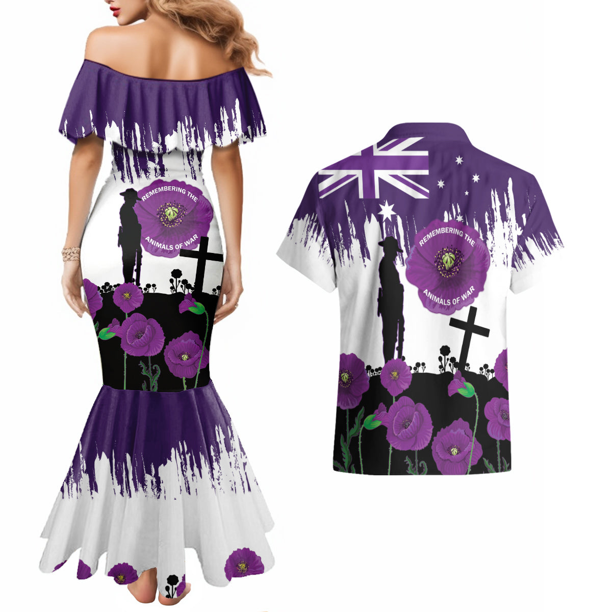 Australia Animal Heroes ANZAC Couples Matching Mermaid Dress and Hawaiian Shirt Purple Poppy We Will Remember Them