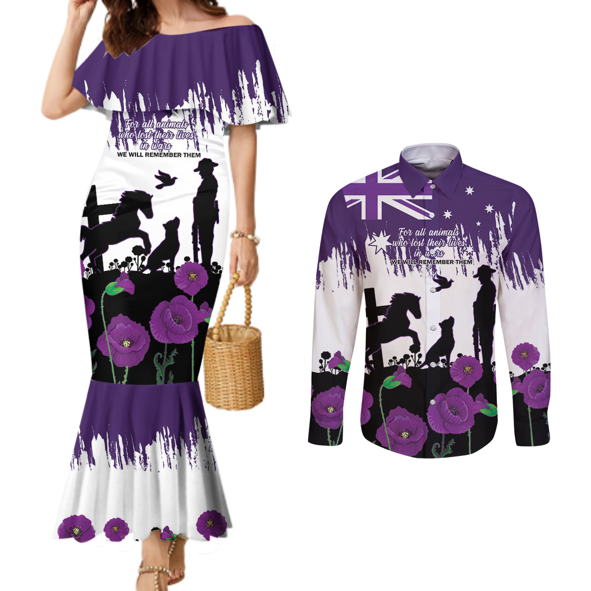 Australia Animal Heroes ANZAC Couples Matching Mermaid Dress and Long Sleeve Button Shirt Purple Poppy We Will Remember Them